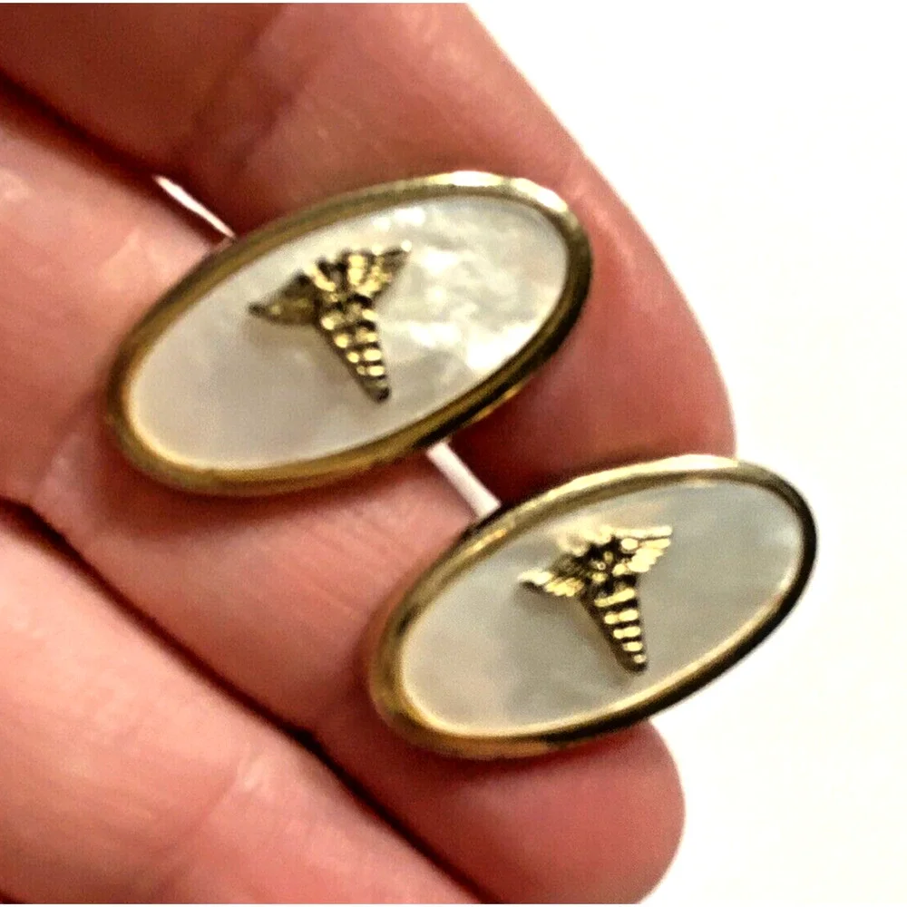 Mid Century Anson Cuff Links Mens Fashion Jewelry Gift Gold MOP Caduseus medical